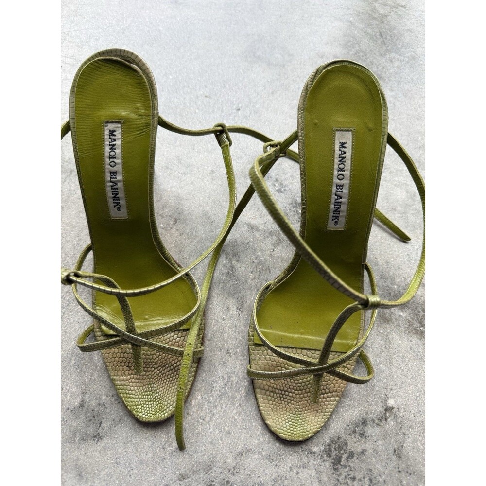 Manolo Blahnik  Green Snakeskin Embossed Strappy Megara Heel Sandals Size 38.5
